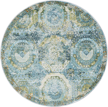 Light Blue 4' x 4' Baracoa Round Area Rug 100% Polypropylene Distressed Vintage Living Dining Room Office Traditional Carpet for Sale at Rug Engine