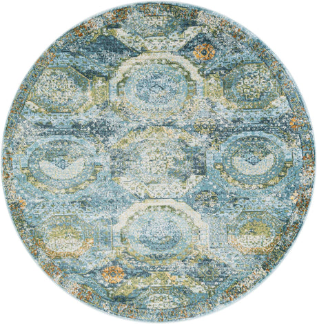 Light Blue 6' x 6' Baracoa Round Area Rug 100% Polypropylene Distressed Vintage Living Dining Room Office Traditional Carpet for Sale at Rug Engine