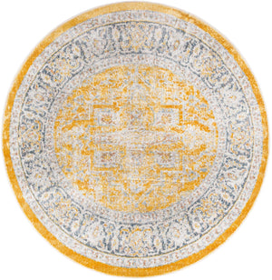 Yellow 4' x 4' Baracoa Round Area Rug 100% Polypropylene Distressed Vintage Living Dining Room Office Traditional Carpet for Sale at Rug Engine