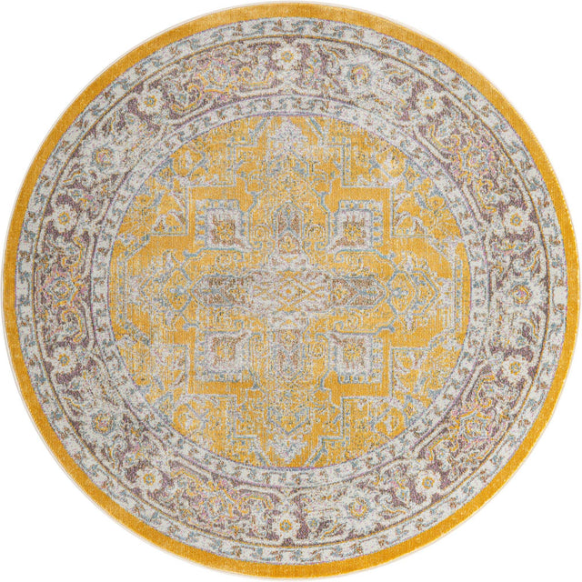 Yellow 6' x 6' Baracoa Round Area Rug 100% Polypropylene Distressed Vintage Living Dining Room Office Traditional Carpet for Sale at Rug Engine