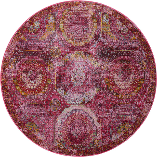 Pink 4' x 4' Baracoa Round Area Rug 100% Polypropylene Distressed Vintage Living Dining Room Office Traditional Carpet for Sale at Rug Engine