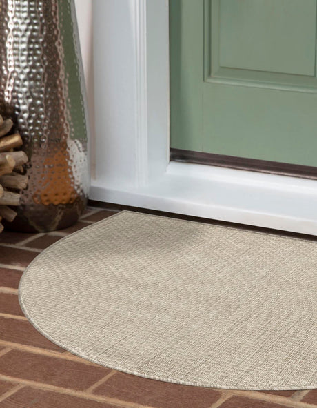 Beige 3' 1 x 6' 1 Outdoor Solid Hearth Half-Round Semicircle Area Rug Weather Resistant for Patio, Deck, Terrace, Balcony, Porch 100% Polypropylene Minimalist Waterproof Carpet for Sale at Rug Engine
