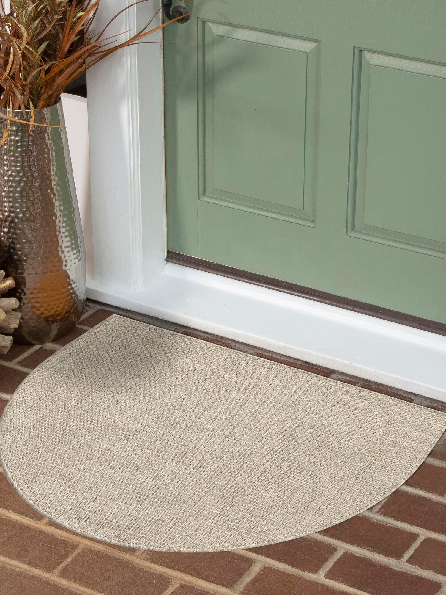 Beige 2' 7 x 4' 1 Outdoor Solid Hearth Half-Round Semicircle Area Rug Weather Resistant for Patio, Deck, Terrace, Balcony, Porch 100% Polypropylene Minimalist Waterproof Carpet for Sale at Rug Engine