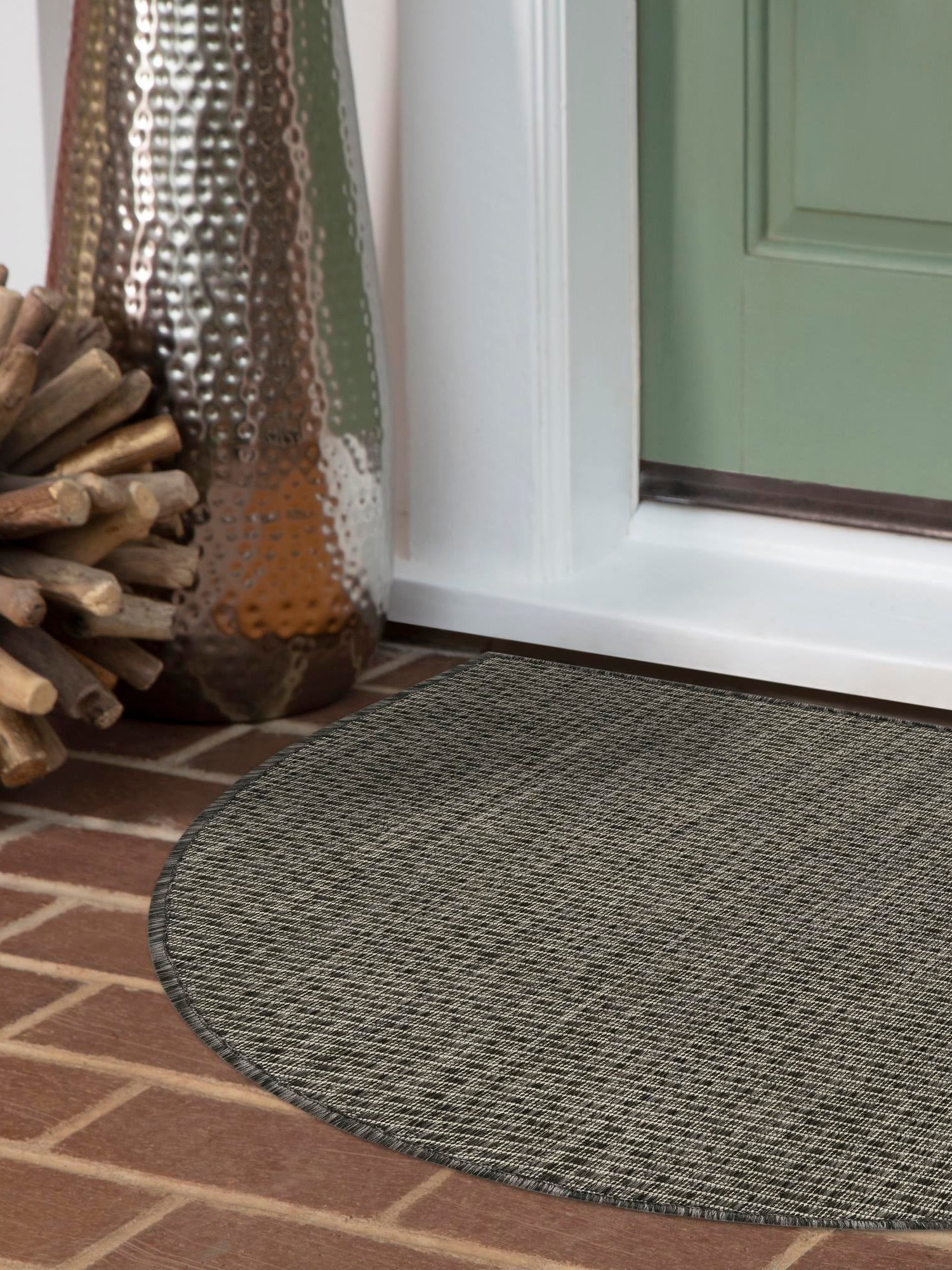 Black 3' 1 x 6' 1 Outdoor Solid Hearth Half-Round Semicircle Area Rug Weather Resistant for Patio, Deck, Terrace, Balcony, Porch 100% Polypropylene Minimalist Waterproof Carpet for Sale at Rug Engine