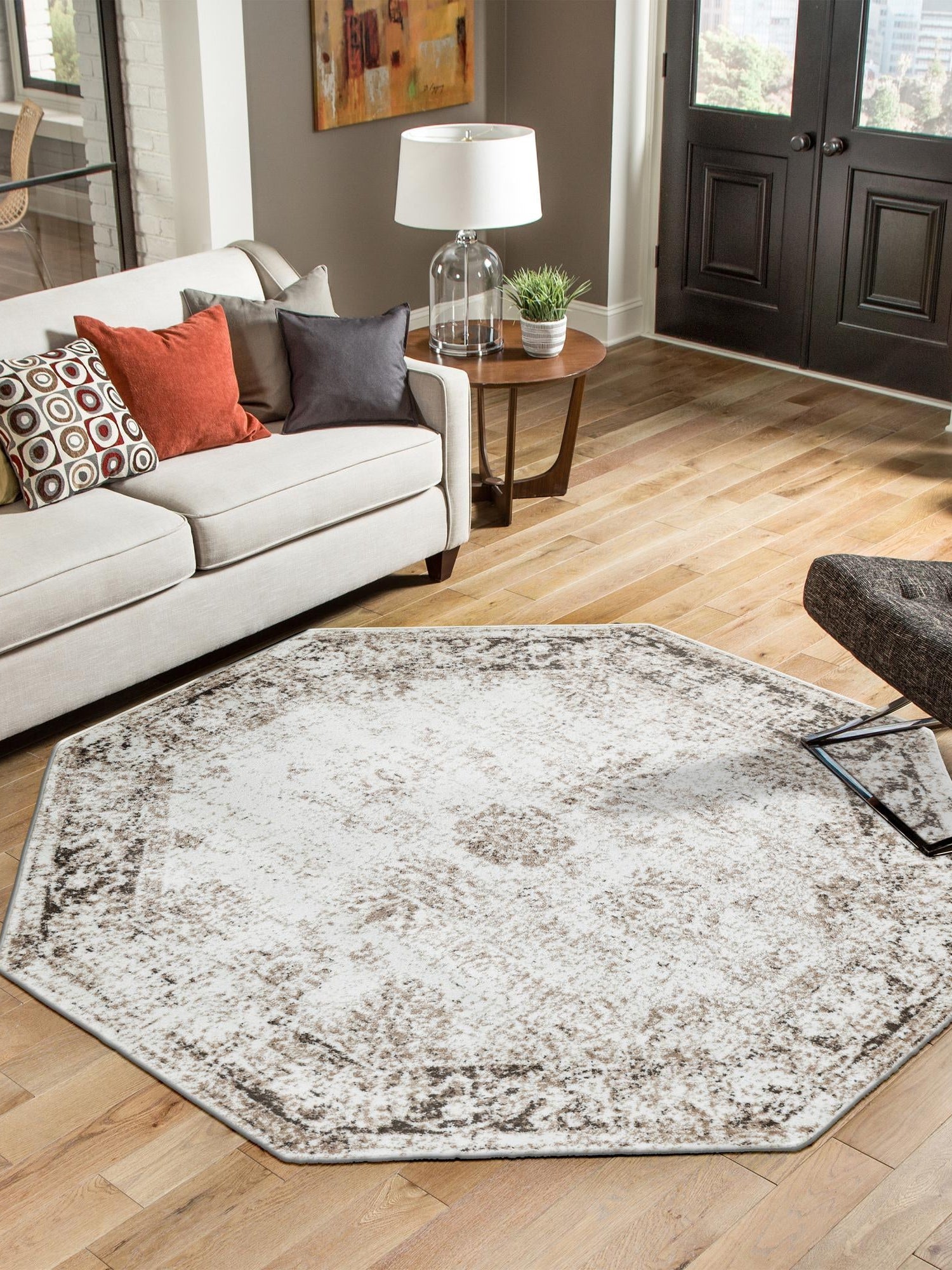 Beige 5' 3 x 5' 3 Sofia Octagon Area Rug Durable Easy Clean Stain Resistant Unique Carpet for Affordable Interior Home Design for Sale at Rug Engine