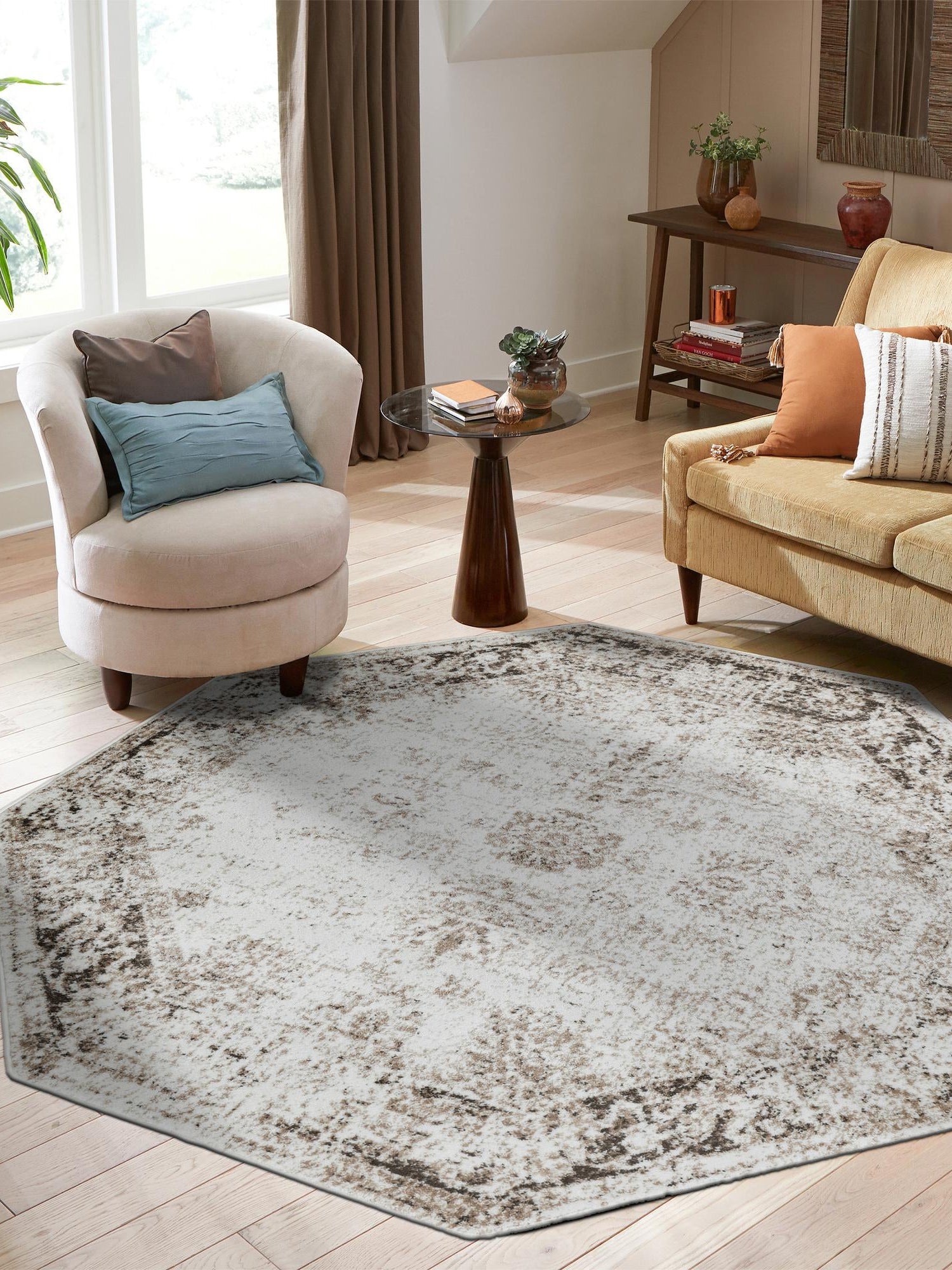 Beige 6' 1 x 6' 1 Sofia Octagon Area Rug Durable Easy Clean Stain Resistant Unique Carpet for Affordable Interior Home Design for Sale at Rug Engine