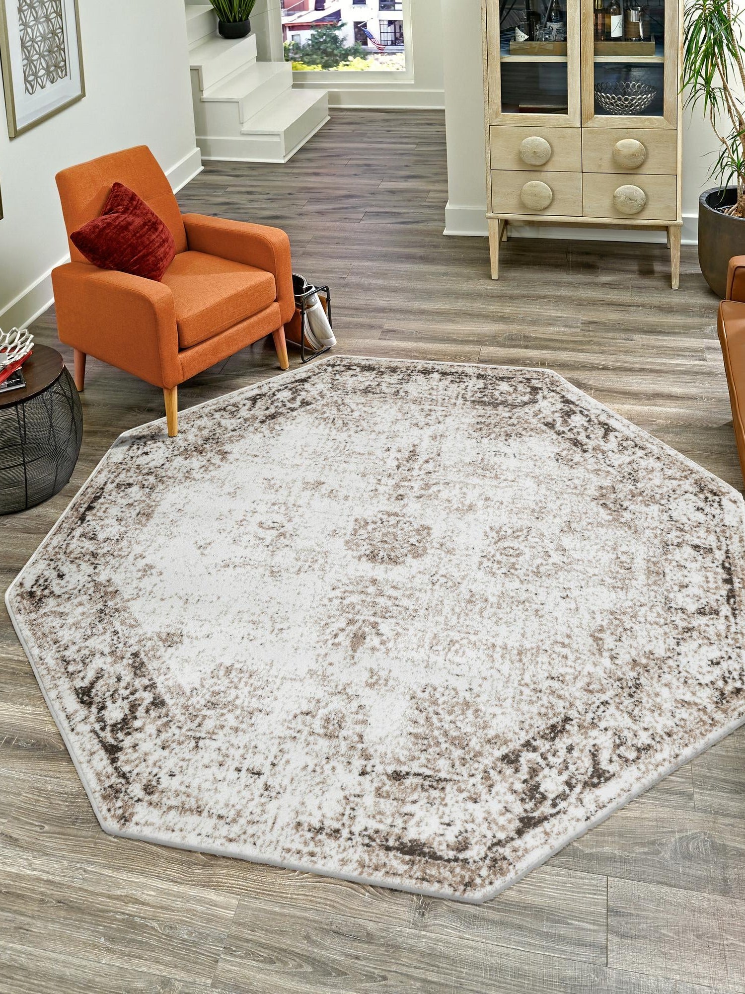 Beige 6' 1 x 6' 1 Sofia Octagon Area Rug Durable Easy Clean Stain Resistant Unique Carpet for Affordable Interior Home Design for Sale at Rug Engine
