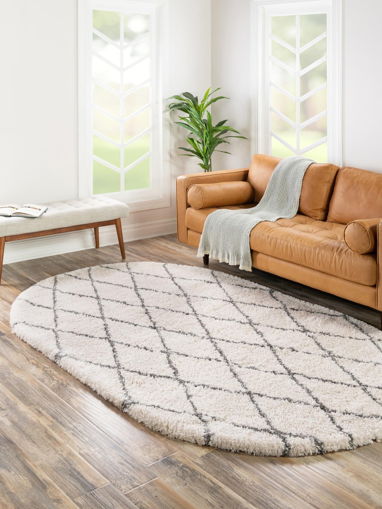 Pure Ivory 5' 3 x 8' Rabat Shag Oval Area Rug Thick Soft Touch Fluffy & Plush Shaggy Pile Durable Geometric Carpet for Luxury Interior Design for Sale at Rug Engine