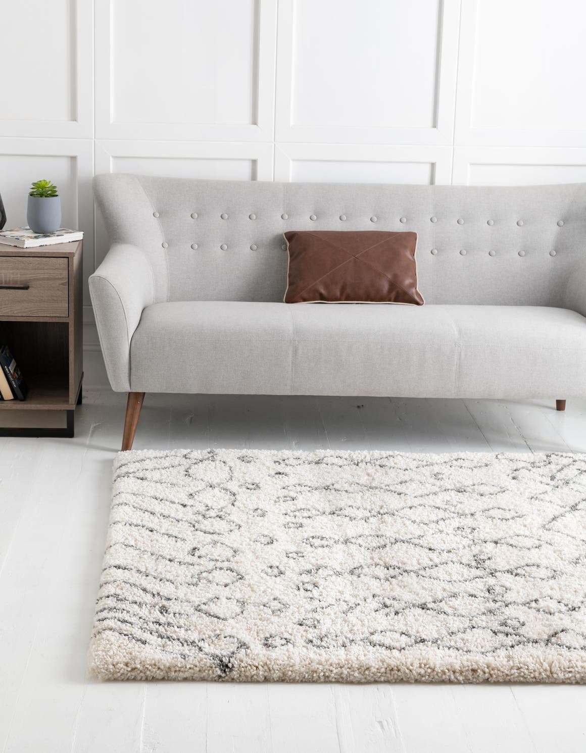 Pure Ivory 5' 3 x 5' 3 Rabat Shag Square Area Rug Thick Soft Touch Fluffy & Plush Shaggy Pile Durable Geometric Carpet for Luxury Interior Design for Sale at Rug Engine