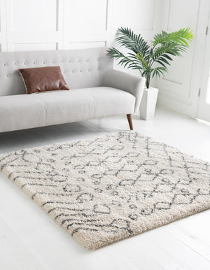 Pure Ivory 5' 3 x 5' 3 Rabat Shag Square Area Rug Thick Soft Touch Fluffy & Plush Shaggy Pile