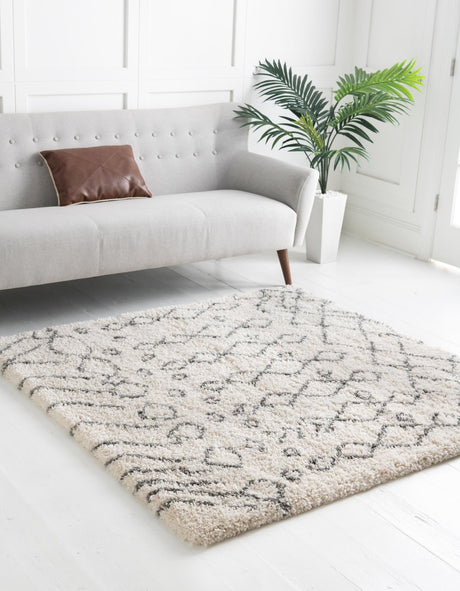 Pure Ivory 5' 3 x 5' 3 Rabat Shag Square Area Rug Thick Soft Touch Fluffy & Plush Shaggy Pile