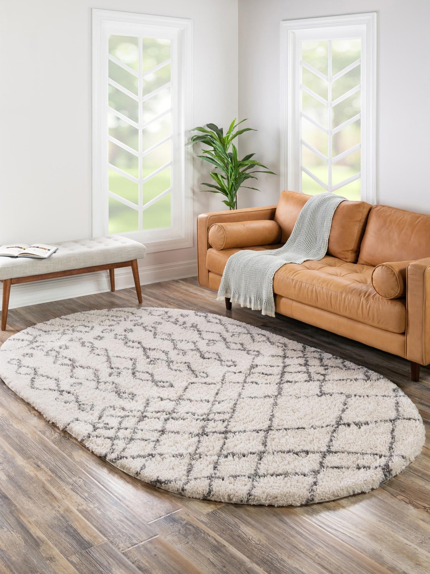Pure Ivory 4' 1 x 6' 1 Rabat Shag Oval Area Rug Thick Soft Touch Fluffy & Plush Shaggy Pile Durable Geometric Carpet for Luxury Interior Design for Sale at Rug Engine