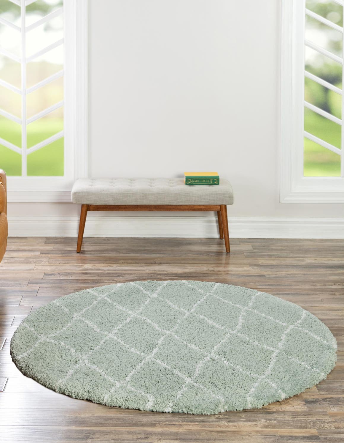 White Cyan 7' 10 x 7' 10 Rabat Shag Round Area Rug Thick Soft Touch Fluffy & Plush Shaggy Pile Durable Geometric Carpet for Luxury Interior Design for Sale at Rug Engine