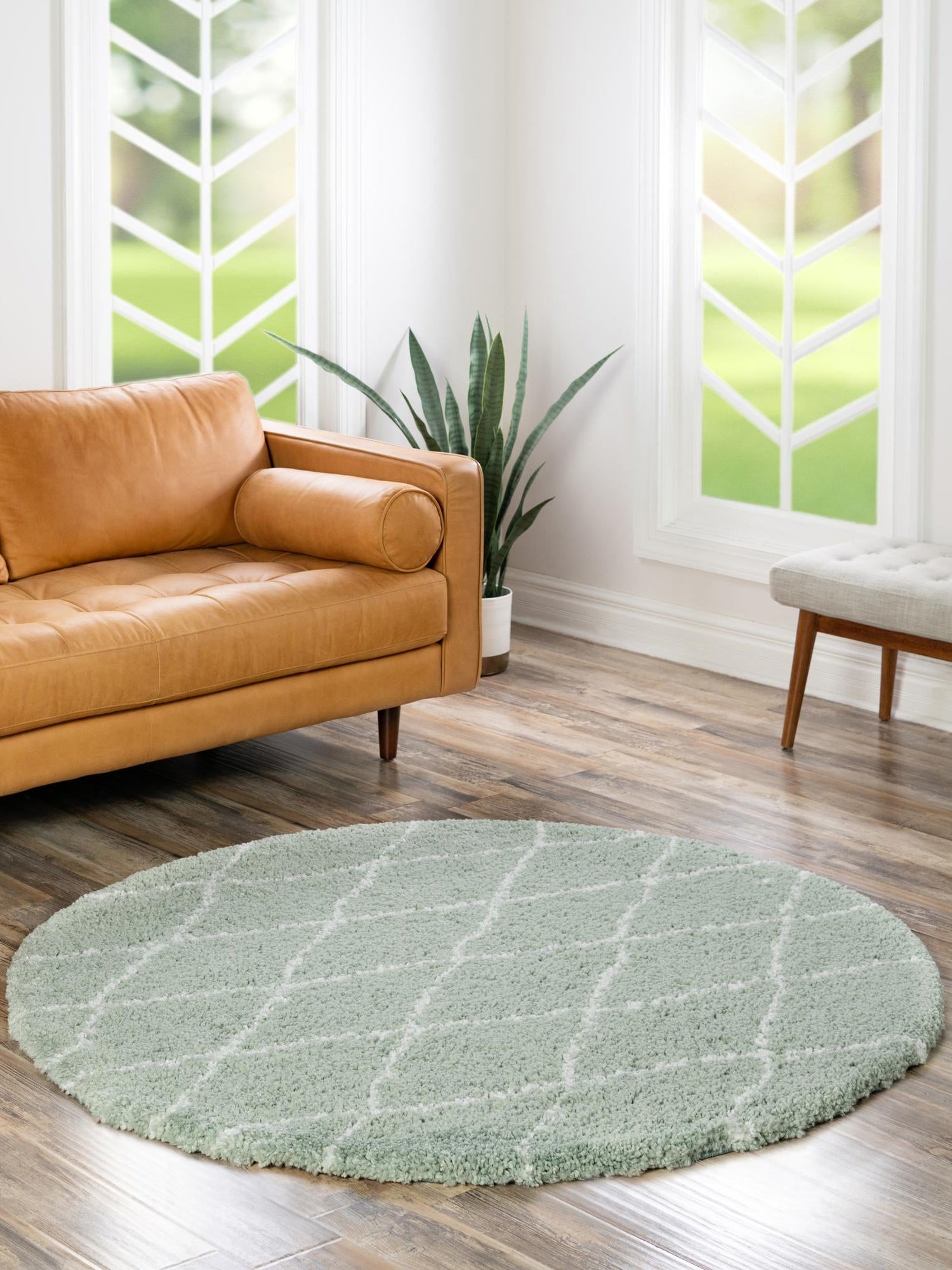 White Cyan 7' 10 x 7' 10 Rabat Shag Round Area Rug Thick Soft Touch Fluffy & Plush Shaggy Pile Durable Geometric Carpet for Luxury Interior Design for Sale at Rug Engine