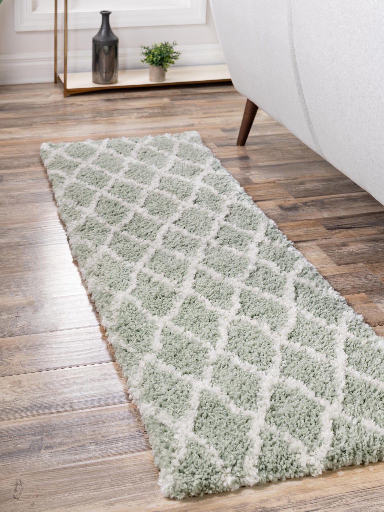 White Cyan 3' 3 x 16' 5 Rabat Shag Runner Area Rug Thick Soft Touch Fluffy & Plush Shaggy Pile Durable Geometric Carpet for Luxury Interior Design for Sale at Rug Engine