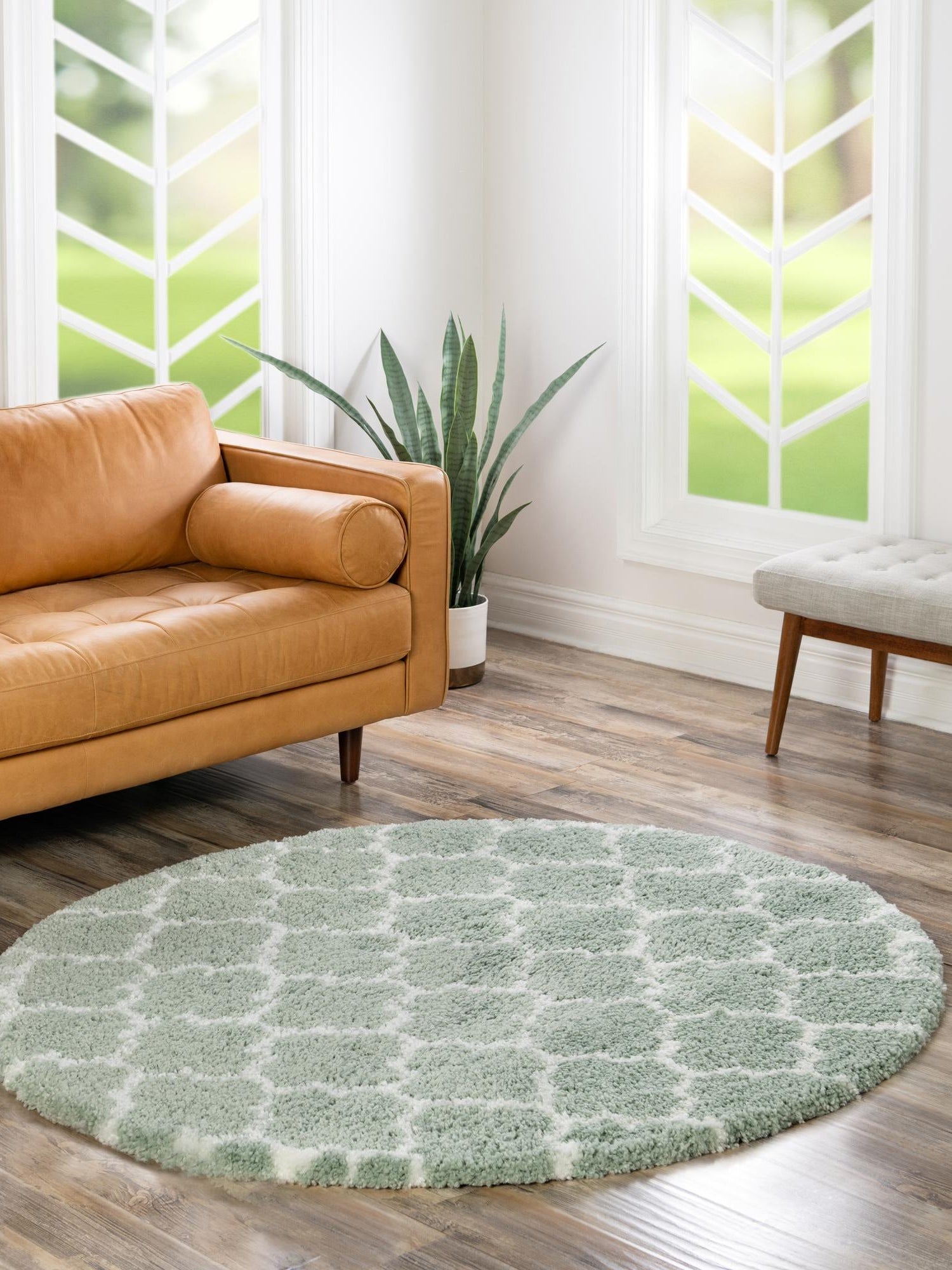White Cyan 5' 3 x 5' 3 Rabat Shag Round Area Rug Thick Soft Touch Fluffy & Plush Shaggy Pile Durable Geometric Carpet for Luxury Interior Design for Sale at Rug Engine