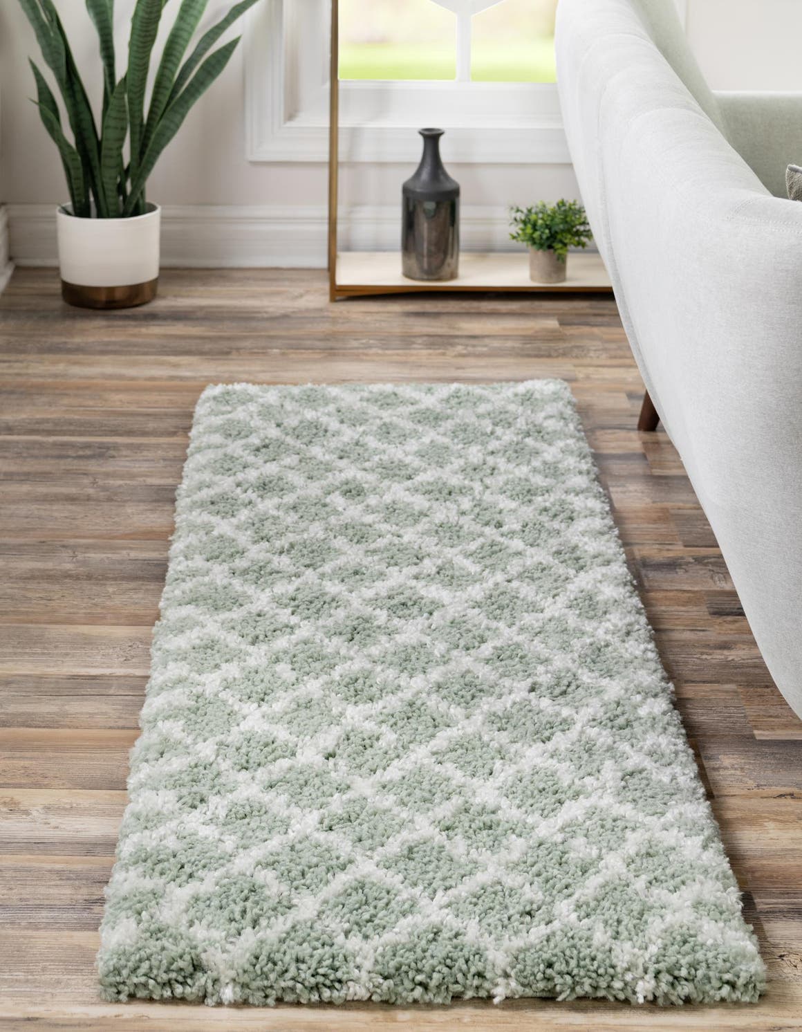 White Cyan 2' x 6' 1 Rabat Shag Runner Area Rug Thick Soft Touch Fluffy & Plush Shaggy Pile Durable Geometric Carpet for Luxury Interior Design for Sale at Rug Engine