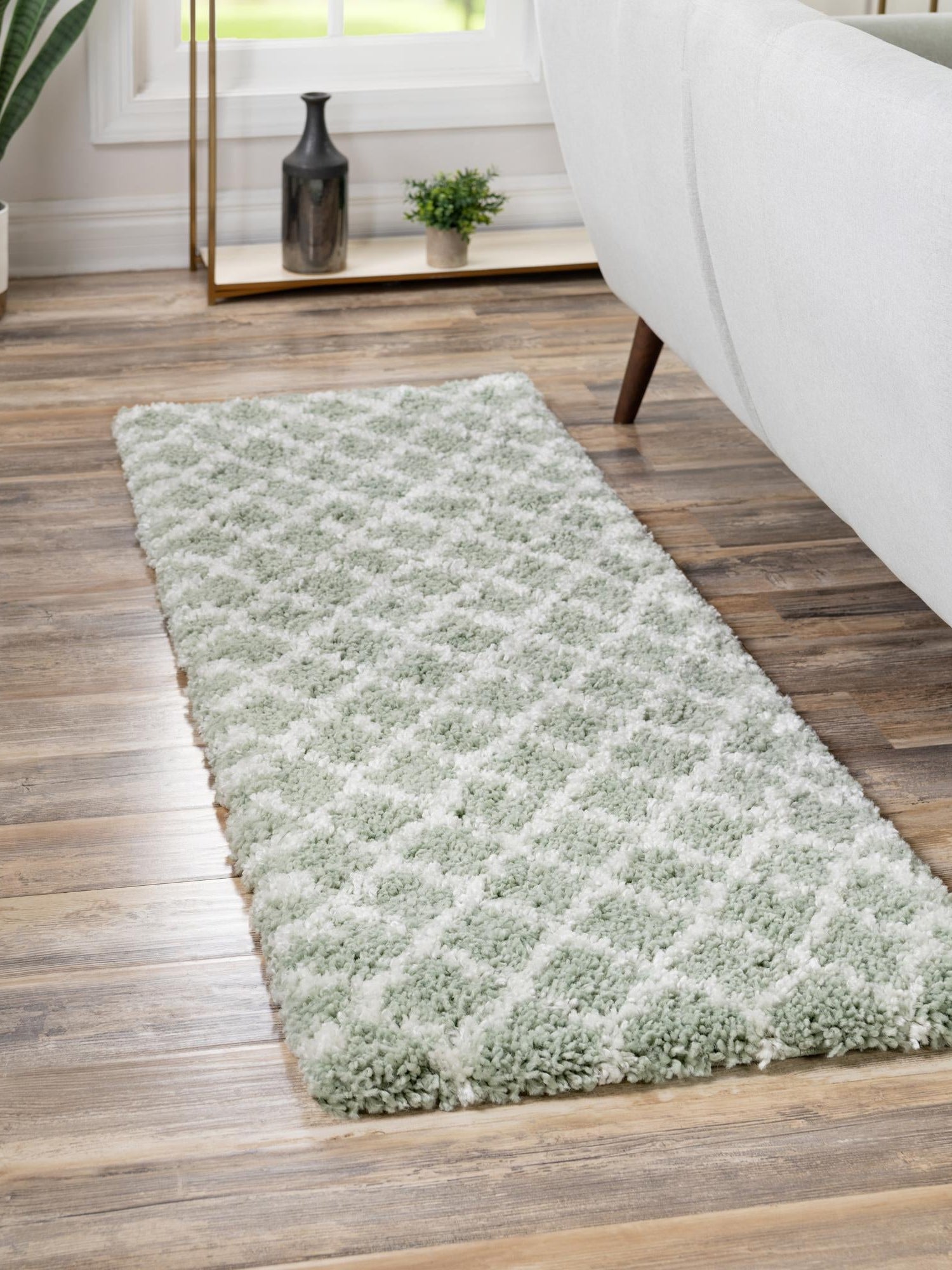 White Cyan 2' x 6' 1 Rabat Shag Runner Area Rug Thick Soft Touch Fluffy & Plush Shaggy Pile Durable Geometric Carpet for Luxury Interior Design for Sale at Rug Engine