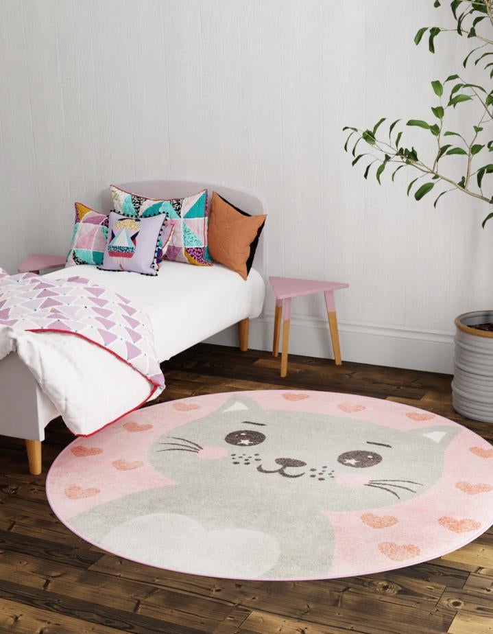 Pink 7' 10 x 7' 10 Whimsy Kids Round Area Rug for Baby Nursery, Toddler Playroom,  Bedrooms Playful Fun Design Easy Clean Carpet for Sale at Rug Engine