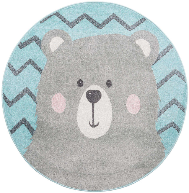 Blue 5' 3 x 5' 3 Whimsy Kids Round Area Rug for Baby Nursery, Toddler Playroom, Bedrooms