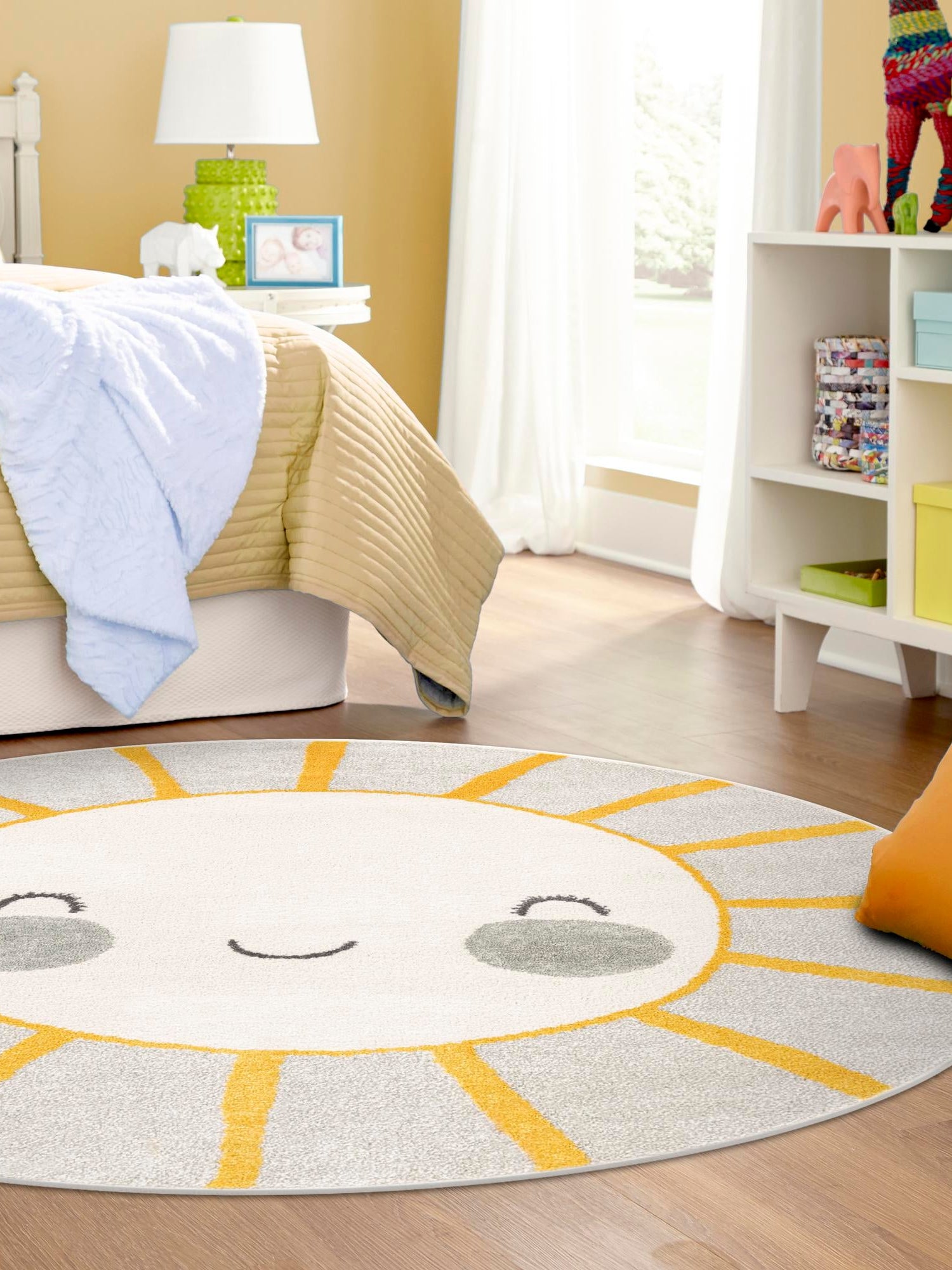 Gray 5' 3 x 5' 3 Whimsy Kids Round Area Rug for Baby Nursery, Toddler Playroom, Bedrooms