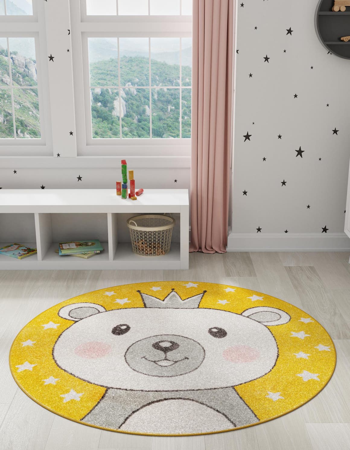 Yellow 7' 10 x 7' 10 Whimsy Kids Round Area Rug for Baby Nursery, Toddler Playroom, Bedrooms