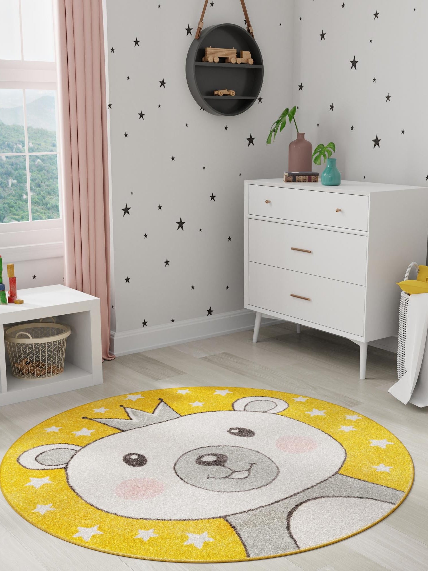 Yellow 3' 3 x 3' 3 Whimsy Kids Round Area Rug for Baby Nursery, Toddler Playroom,  Bedrooms Playful Fun Design Easy Clean Carpet for Sale at Rug Engine