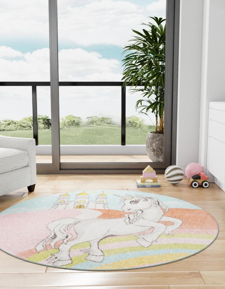 Multicolor 5' 3 x 5' 3 Whimsy Kids Round Area Rug for Baby Nursery, Toddler Playroom,  Bedrooms Playful Fun Design Easy Clean Carpet for Sale at Rug Engine