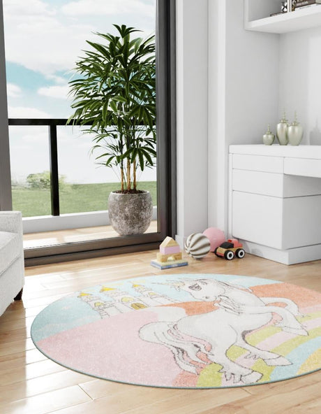 Multicolor 3' 3 x 3' 3 Whimsy Kids Round Area Rug for Baby Nursery, Toddler Playroom,  Bedrooms Playful Fun Design Easy Clean Carpet for Sale at Rug Engine