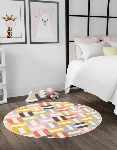 Multicolor 5' 3 x 5' 3 Whimsy Kids Round Area Rug for Baby Nursery, Toddler Playroom,  Bedrooms Playful Fun Design Easy Clean Carpet for Sale at Rug Engine