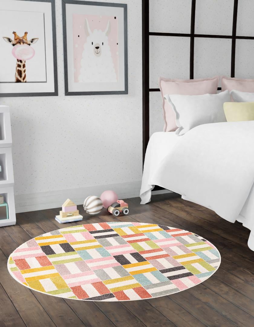 Multicolor 7' 10 x 7' 10 Whimsy Kids Round Area Rug for Baby Nursery, Toddler Playroom,  Bedrooms Playful Fun Design Easy Clean Carpet for Sale at Rug Engine