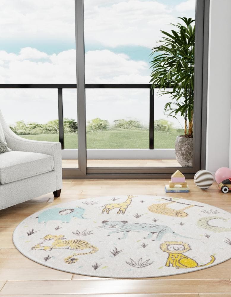 Ivory 7' 10 x 7' 10 Whimsy Kids Round Area Rug for Baby Nursery, Toddler Playroom,  Bedrooms Playful Fun Design Easy Clean Carpet for Sale at Rug Engine