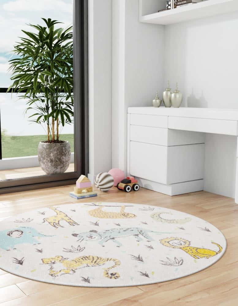 Ivory 3' 3 x 3' 3 Whimsy Kids Round Area Rug for Baby Nursery, Toddler Playroom, Bedrooms