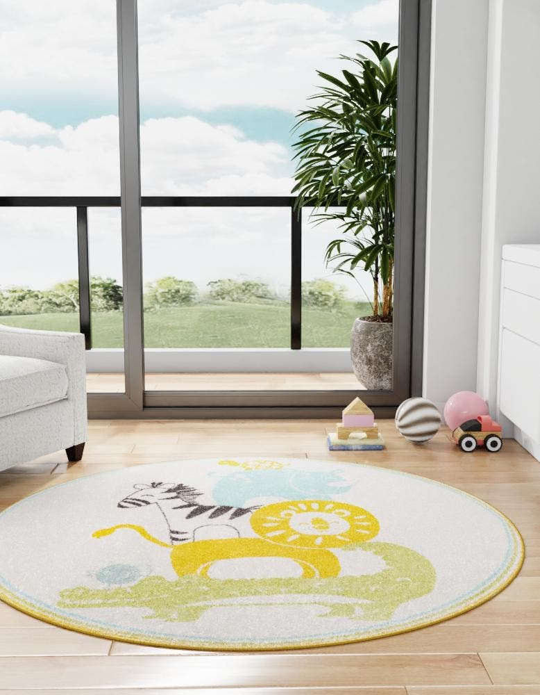 Ivory 5' 3 x 5' 3 Whimsy Kids Round Area Rug for Baby Nursery, Toddler Playroom, Bedrooms