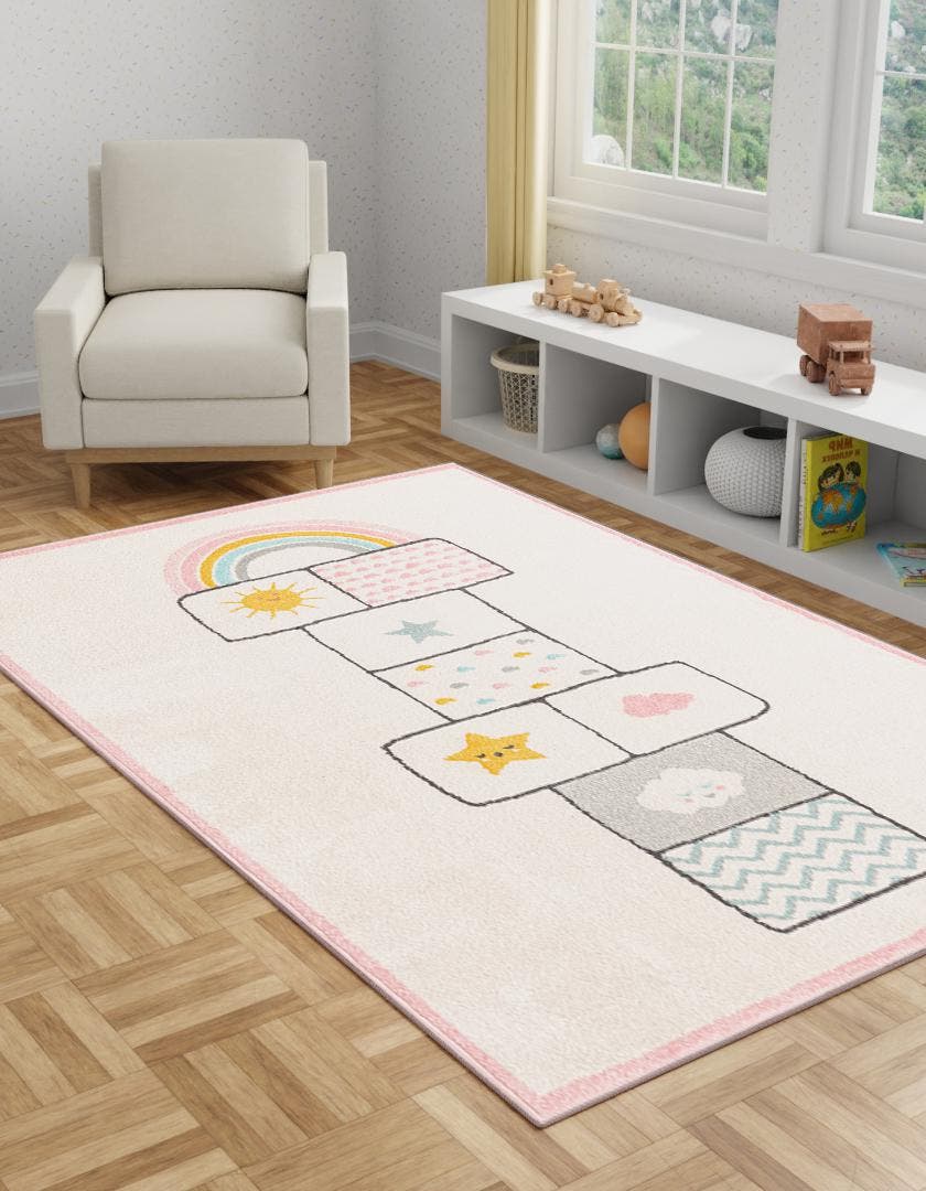 Ivory 5' 3 x 8' Whimsy Kids Rectangle Area Rug for Baby Nursery, Toddler Playroom,  Bedrooms Playful Fun Design Easy Clean Carpet for Sale at Rug Engine