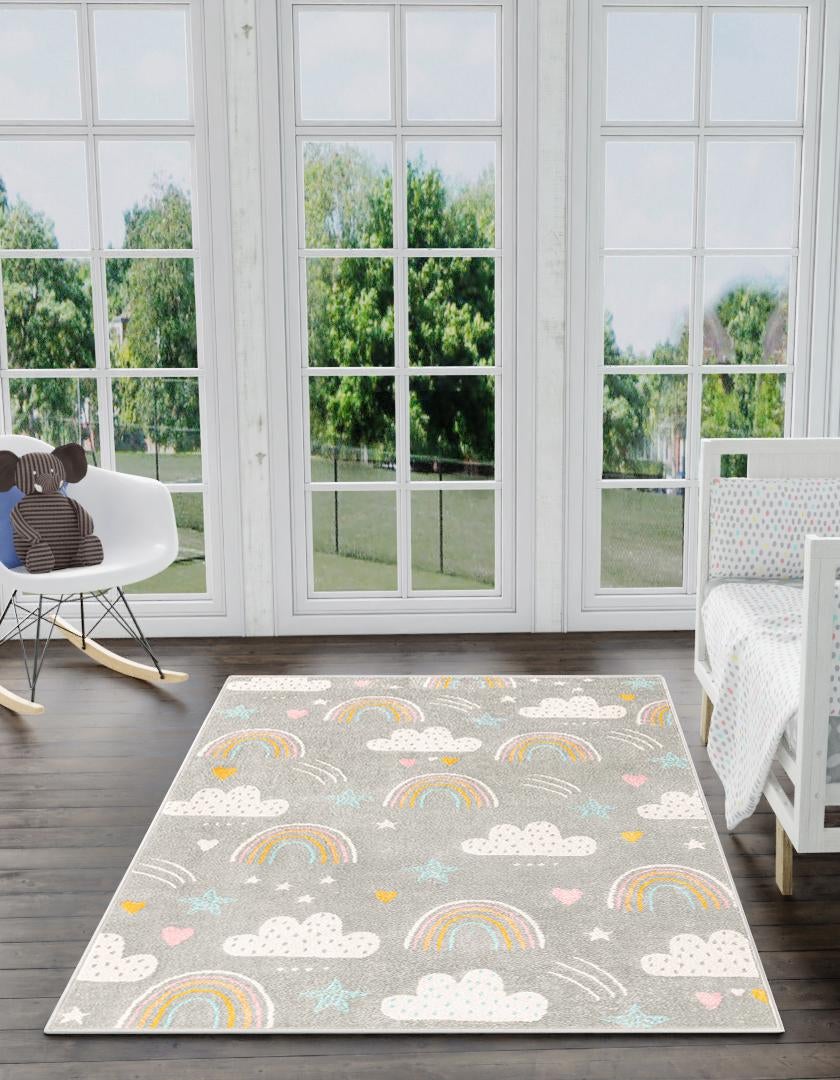 Gray 5' 3 x 8' Whimsy Kids Rectangle Area Rug for Baby Nursery, Toddler Playroom, Bedrooms