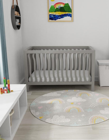 Gray 7' 10 x 7' 10 Whimsy Kids Round Area Rug for Baby Nursery, Toddler Playroom,  Bedrooms Playful Fun Design Easy Clean Carpet for Sale at Rug Engine