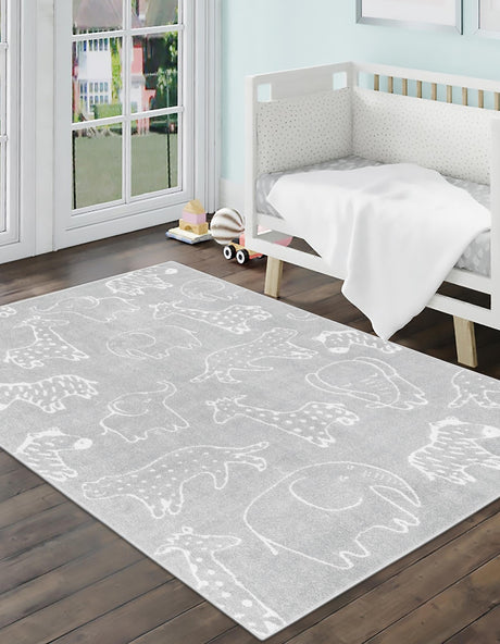 Gray 2' 2 x 2' 11 Whimsy Kids Rectangle Area Rug for Baby Nursery, Toddler Playroom,  Bedrooms Playful Fun Design Easy Clean Carpet for Sale at Rug Engine
