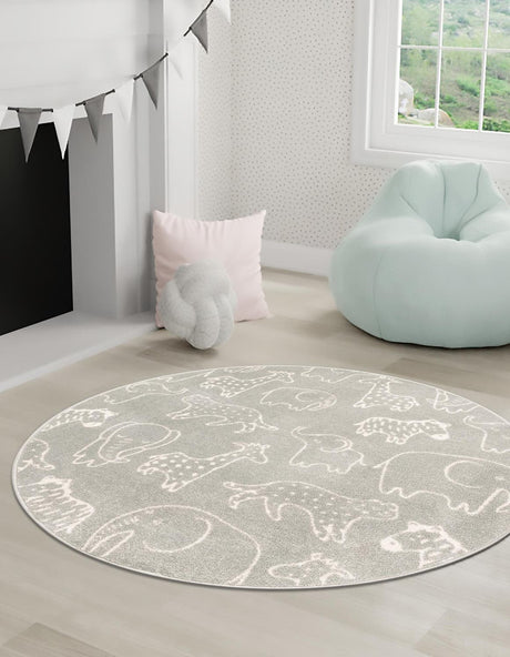 Gray 5' 3 x 5' 3 Whimsy Kids Round Rug