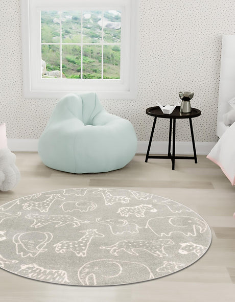 Gray 7' 10 x 7' 10 Whimsy Kids Round Area Rug for Baby Nursery, Toddler Playroom,  Bedrooms Playful Fun Design Easy Clean Carpet for Sale at Rug Engine