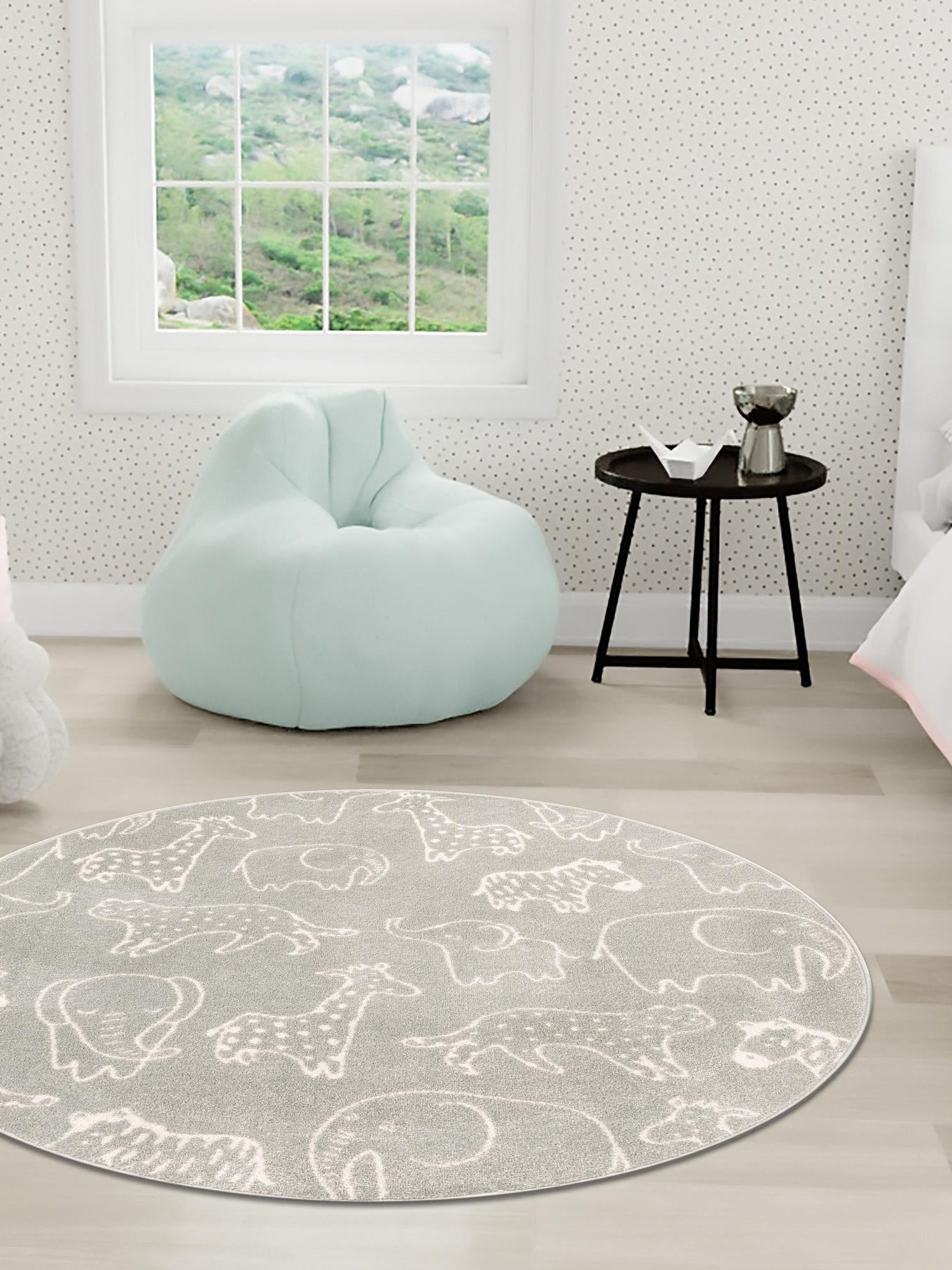 Gray 3' 3 x 3' 3 Whimsy Kids Round Area Rug for Baby Nursery, Toddler Playroom, Bedrooms