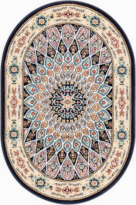Navy Blue 2' x 3' 1 Narenj Oval Area Rug 85% Polypropylene & 15% Polyester Traditional Classic Carpet for Living, Dining, Bedrooms, Office for Sale at Rug Engine