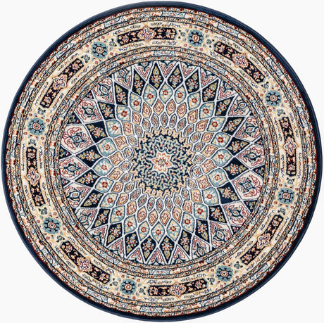 Navy Blue 4' 1 x 4' 1 Narenj Round Area Rug 85% Polypropylene & 15% Polyester Traditional Classic Carpet for Living, Dining, Bedrooms, Office for Sale at Rug Engine