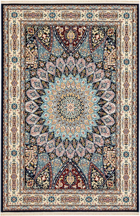 Navy Blue 4' 1 x 6' 1 Narenj Rectangle Area Rug 85% Polypropylene & 15% Polyester Traditional Classic Carpet for Living, Dining, Bedrooms, Office for Sale at Rug Engine