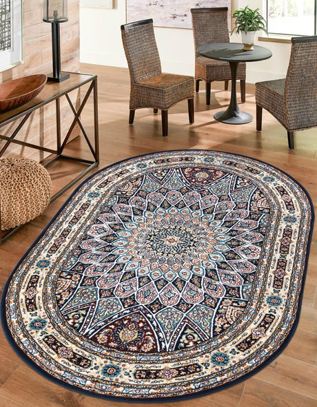 Navy Blue 2' x 3' 1 Narenj Oval Area Rug 85% Polypropylene & 15% Polyester Traditional Classic Carpet for Living, Dining, Bedrooms, Office for Sale at Rug Engine
