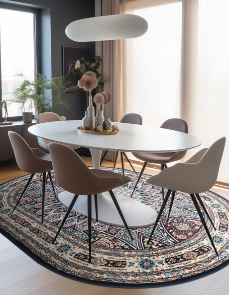 Navy Blue 2' x 3' 1 Narenj Oval Area Rug 85% Polypropylene & 15% Polyester Traditional Classic Carpet for Living, Dining, Bedrooms, Office for Sale at Rug Engine