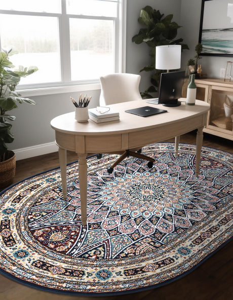 Navy Blue 4' 1 x 6' 1 Narenj Oval Area Rug 85% Polypropylene & 15% Polyester Traditional Classic Carpet for Living, Dining, Bedrooms, Office for Sale at Rug Engine