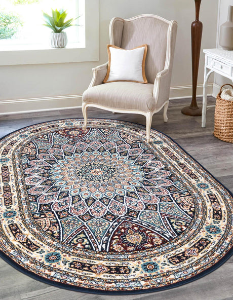 Navy Blue 2' x 3' 1 Narenj Oval Area Rug 85% Polypropylene & 15% Polyester Traditional Classic Carpet for Living, Dining, Bedrooms, Office for Sale at Rug Engine