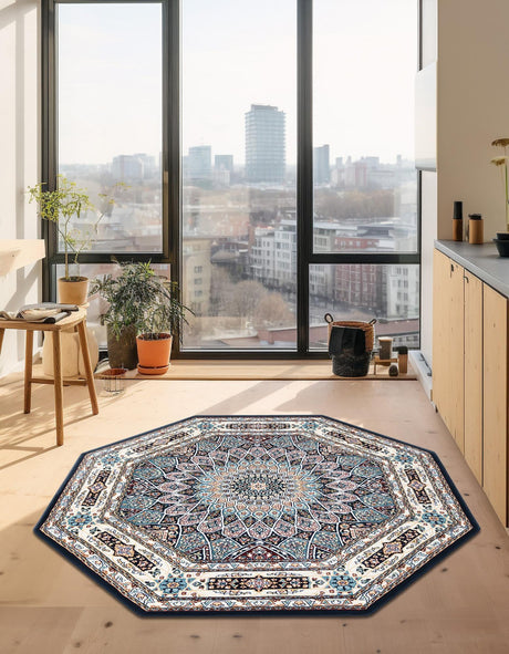 Navy Blue 3' 1 x 3' 1 Narenj Octagon Area Rug 85% Polypropylene & 15% Polyester Traditional Classic Carpet for Living, Dining, Bedrooms, Office for Sale at Rug Engine