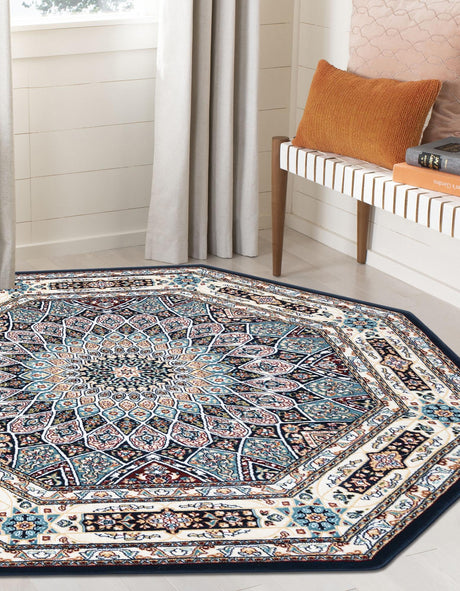 Navy Blue 3' 1 x 3' 1 Narenj Octagon Area Rug 85% Polypropylene & 15% Polyester Traditional Classic Carpet for Living, Dining, Bedrooms, Office for Sale at Rug Engine